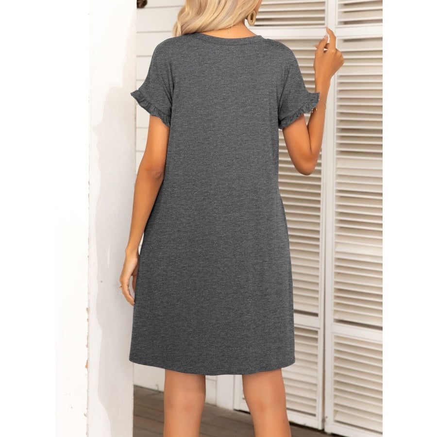 Round Neck Flounce Sleeve Dress with Pockets