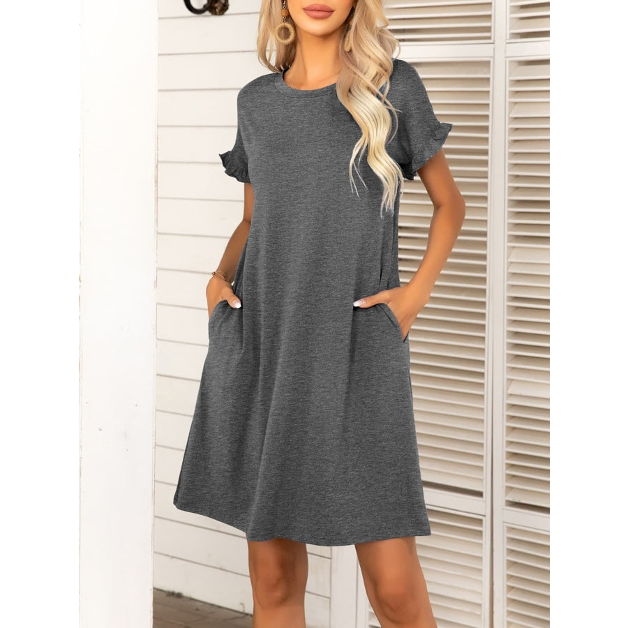 Round Neck Flounce Sleeve Dress with Pockets