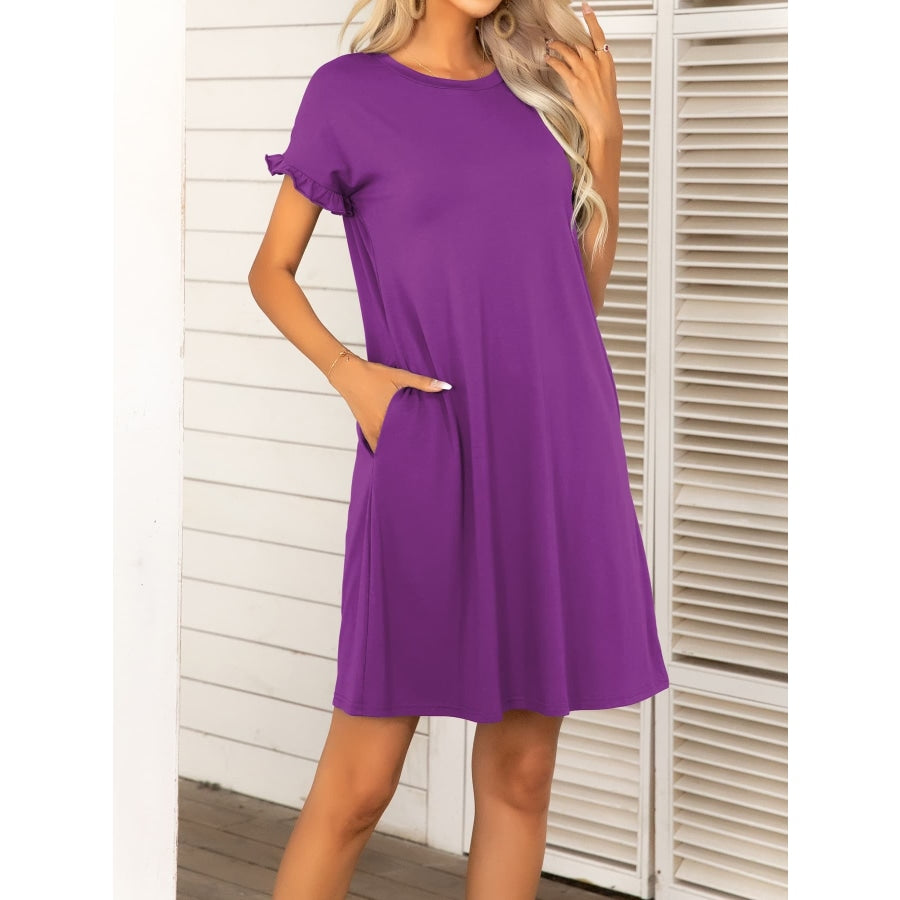 Round Neck Flounce Sleeve Dress with Pockets