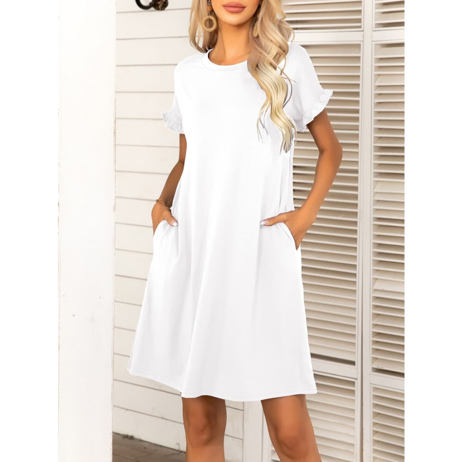 Round Neck Flounce Sleeve Dress with Pockets