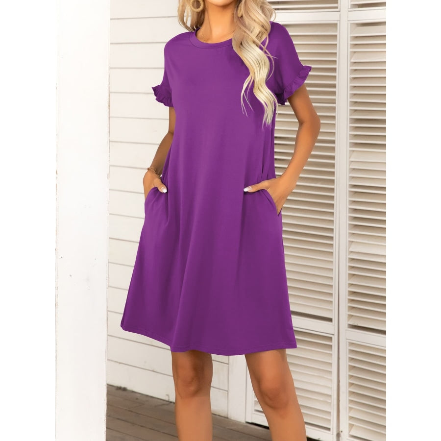 Round Neck Flounce Sleeve Dress with Pockets Vivid Violet / S