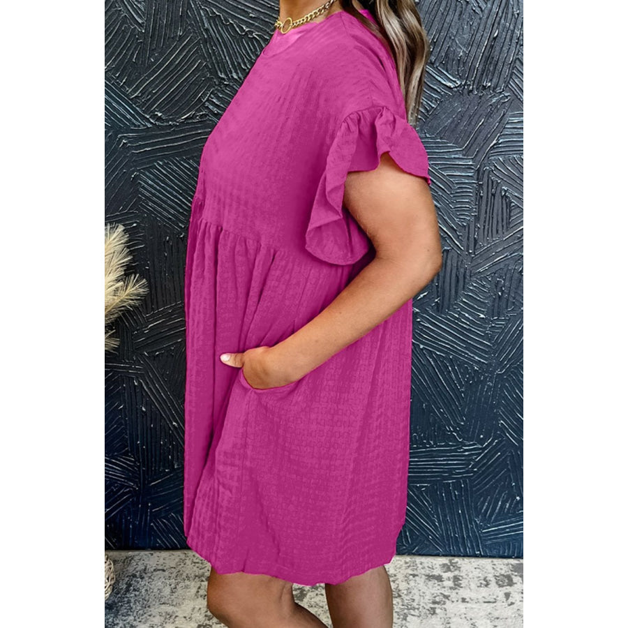 Round Neck Flounce Sleeve Mini Dress Cerise / S Apparel and Accessories