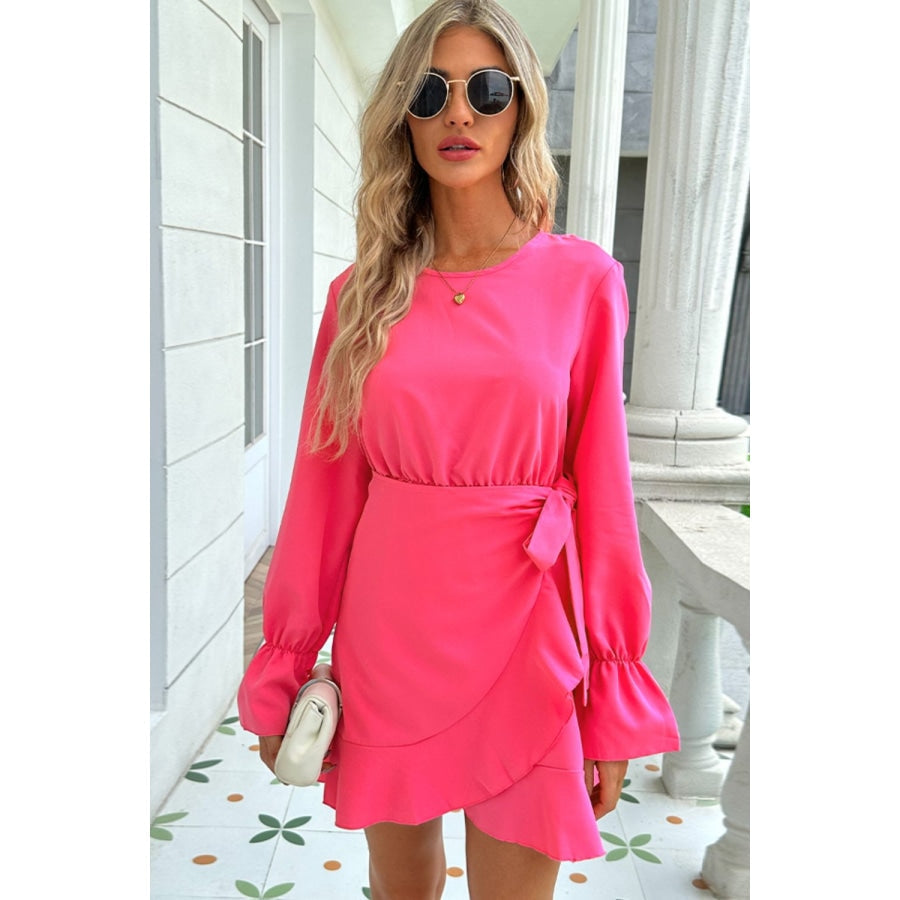 Round Neck Flounce Sleeve Ruffle Hem Mini Dress Hot Pink / XS