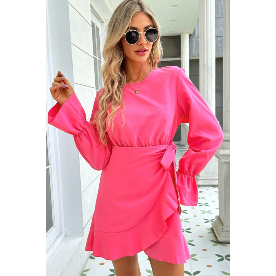 Round Neck Flounce Sleeve Ruffle Hem Mini Dress