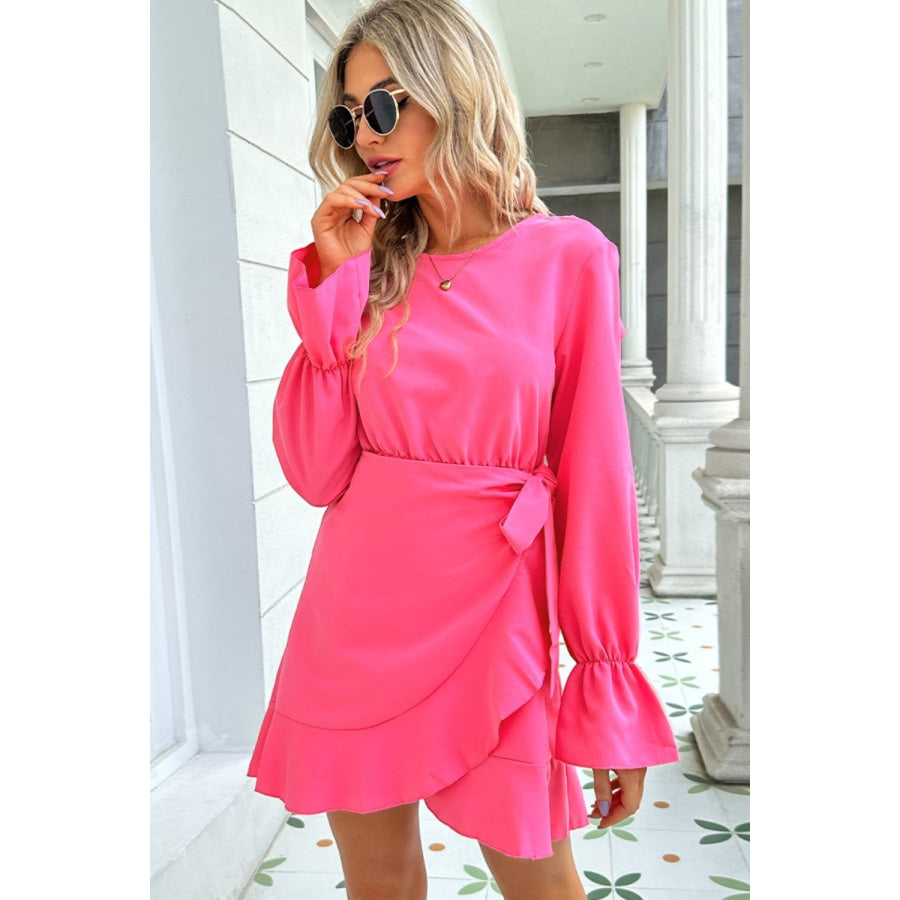 Round Neck Flounce Sleeve Ruffle Hem Mini Dress