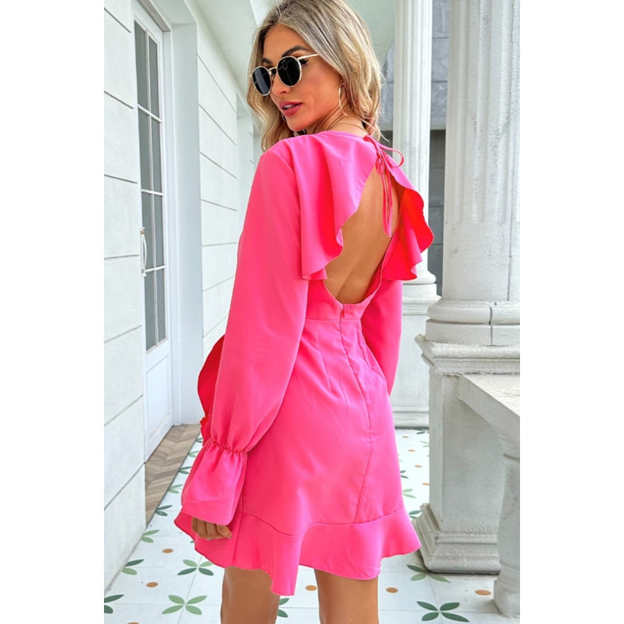 Round Neck Flounce Sleeve Ruffle Hem Mini Dress Hot Pink / XS