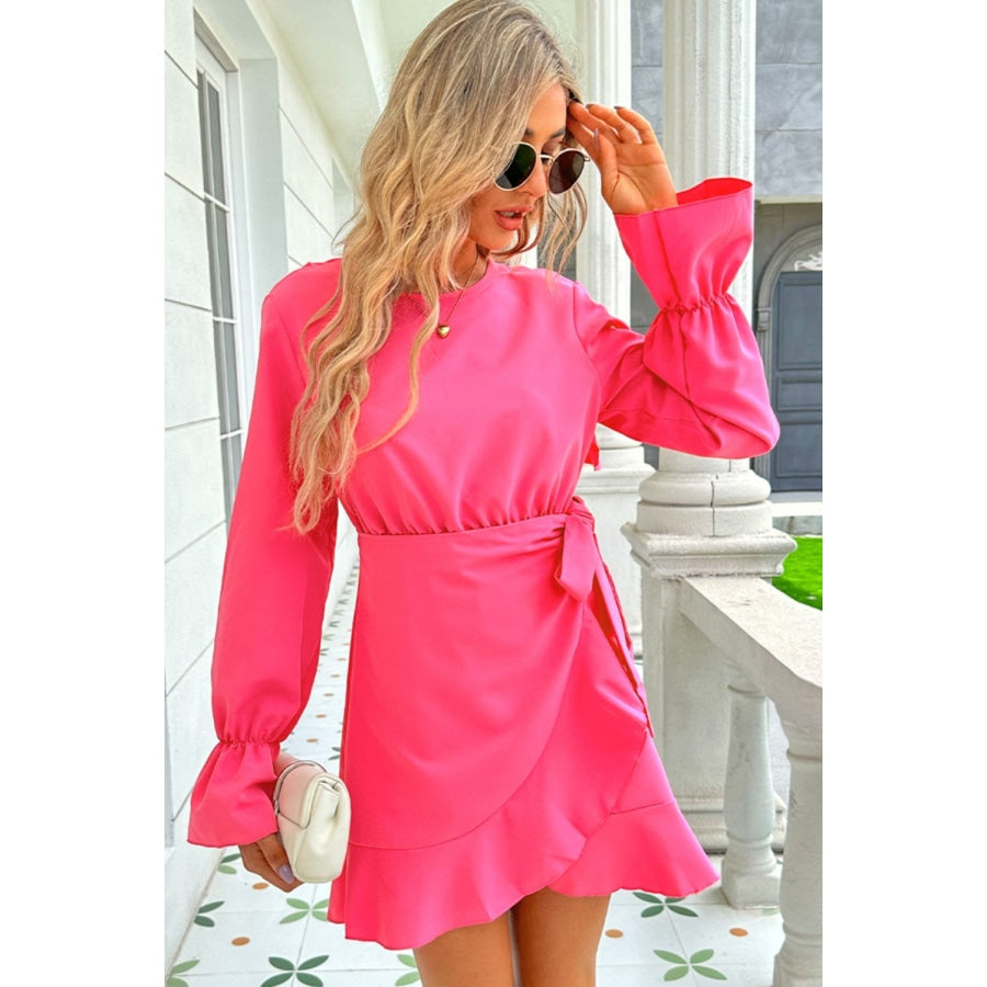 Round Neck Flounce Sleeve Ruffle Hem Mini Dress