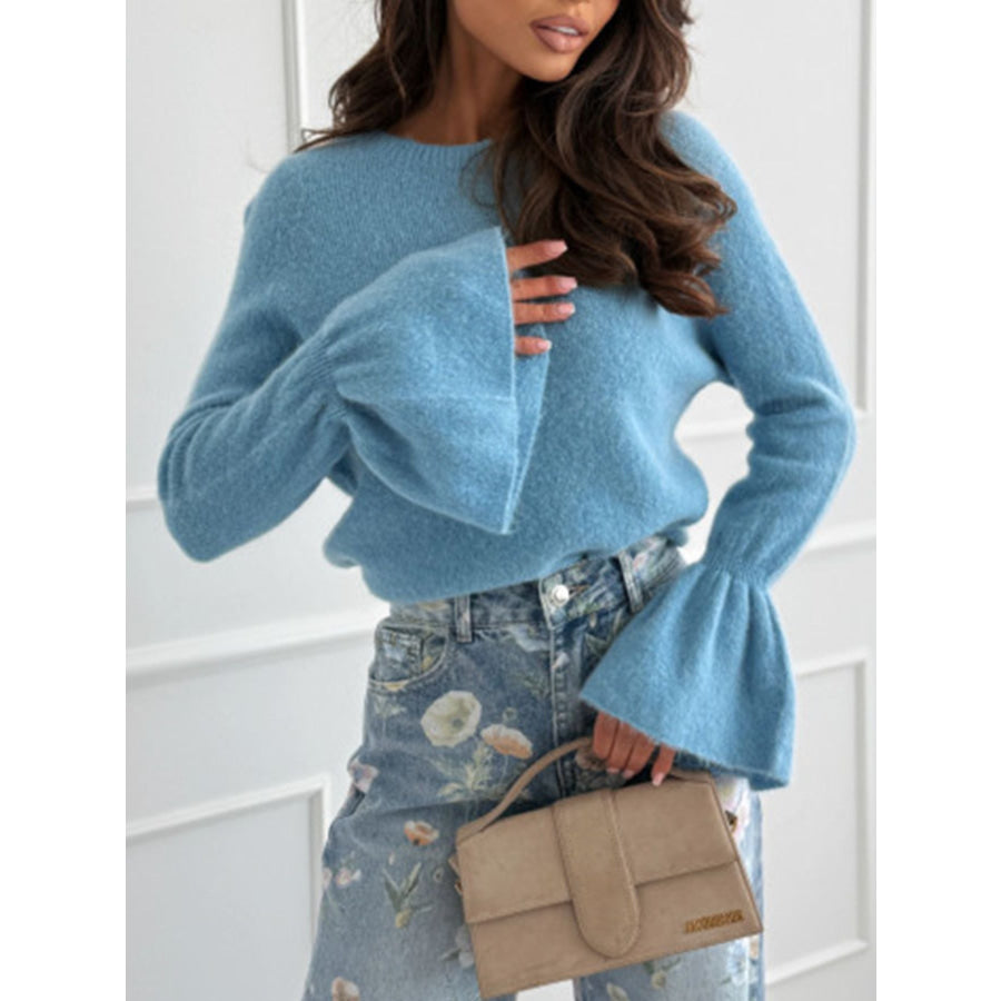 Round Neck Flounce Sleeve Sweater Apparel and Accessories