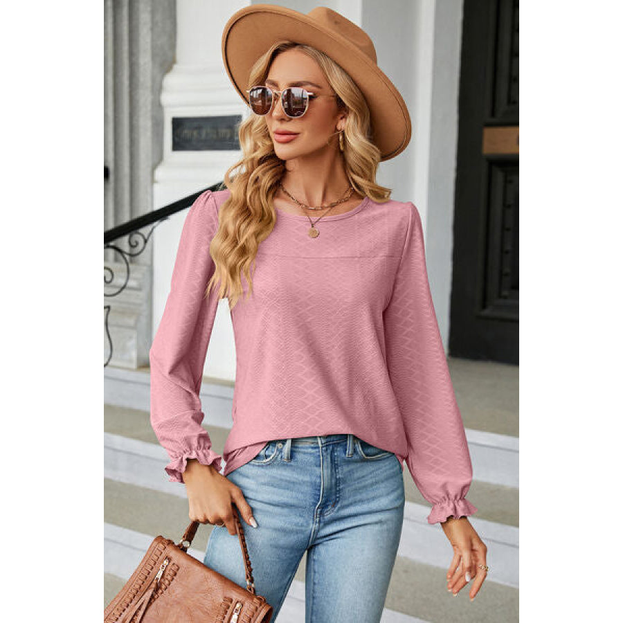 Round Neck Flounce Sleeve T - Shirt Apparel and Accessories