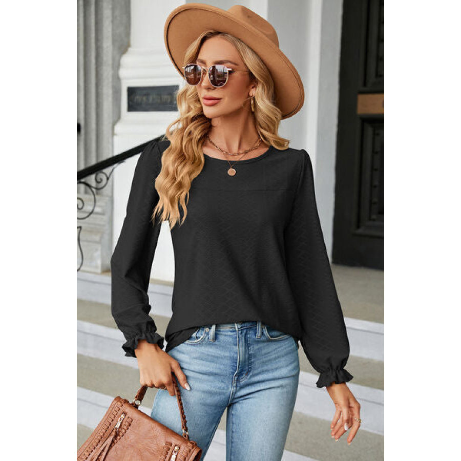 Round Neck Flounce Sleeve T - Shirt Apparel and Accessories