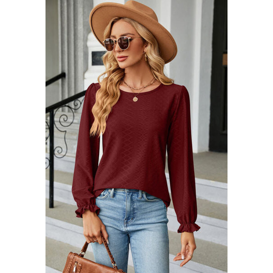 Round Neck Flounce Sleeve T - Shirt Apparel and Accessories
