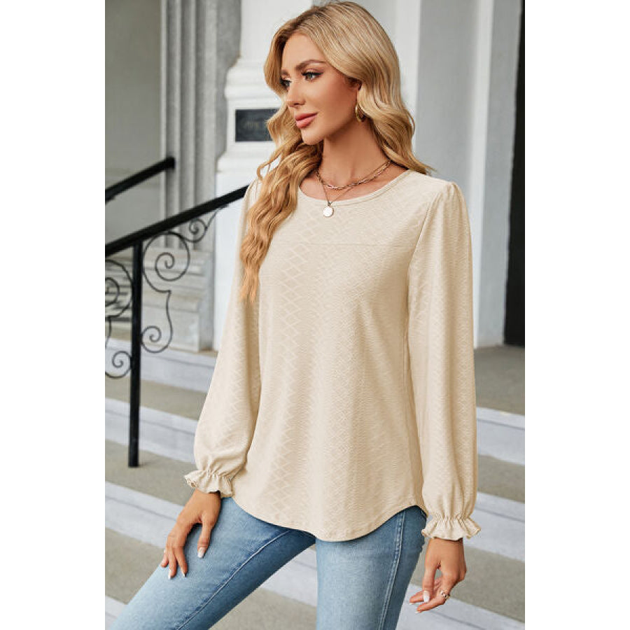 Round Neck Flounce Sleeve T - Shirt Apparel and Accessories