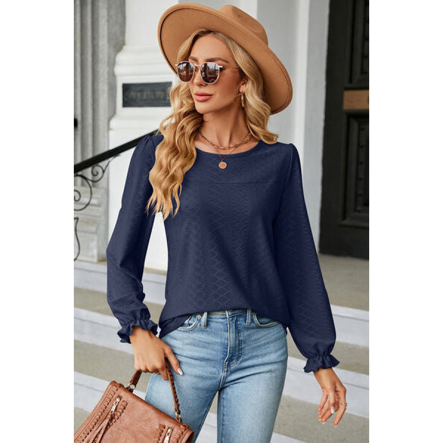 Round Neck Flounce Sleeve T - Shirt Apparel and Accessories