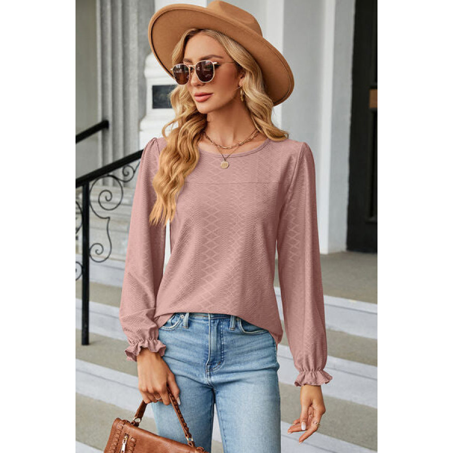 Round Neck Flounce Sleeve T - Shirt Apparel and Accessories
