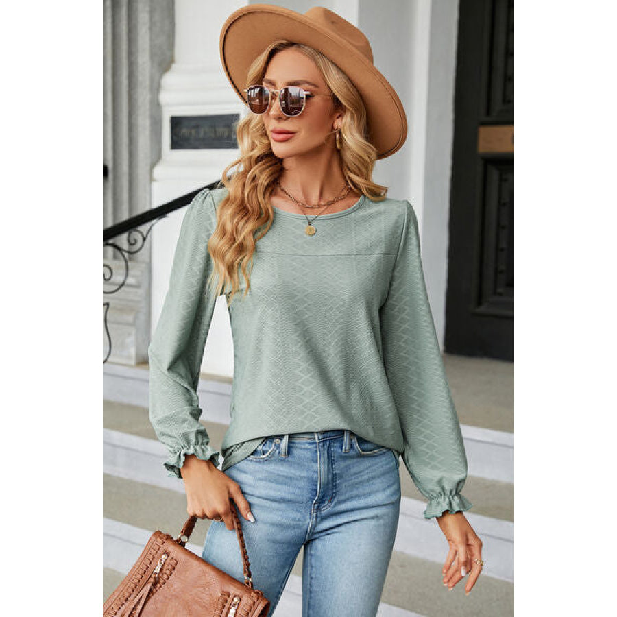 Round Neck Flounce Sleeve T - Shirt Apparel and Accessories