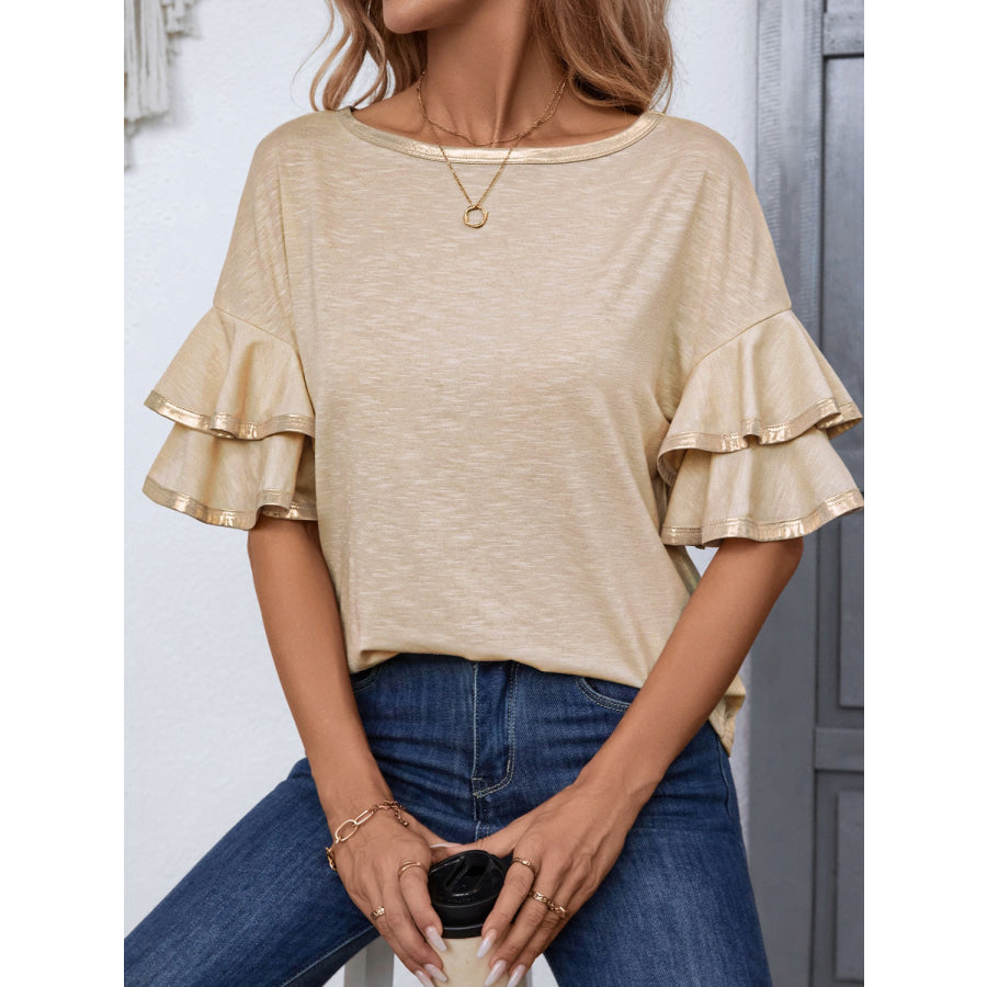 Round Neck Flounce Sleeve T-Shirt Apparel and Accessories