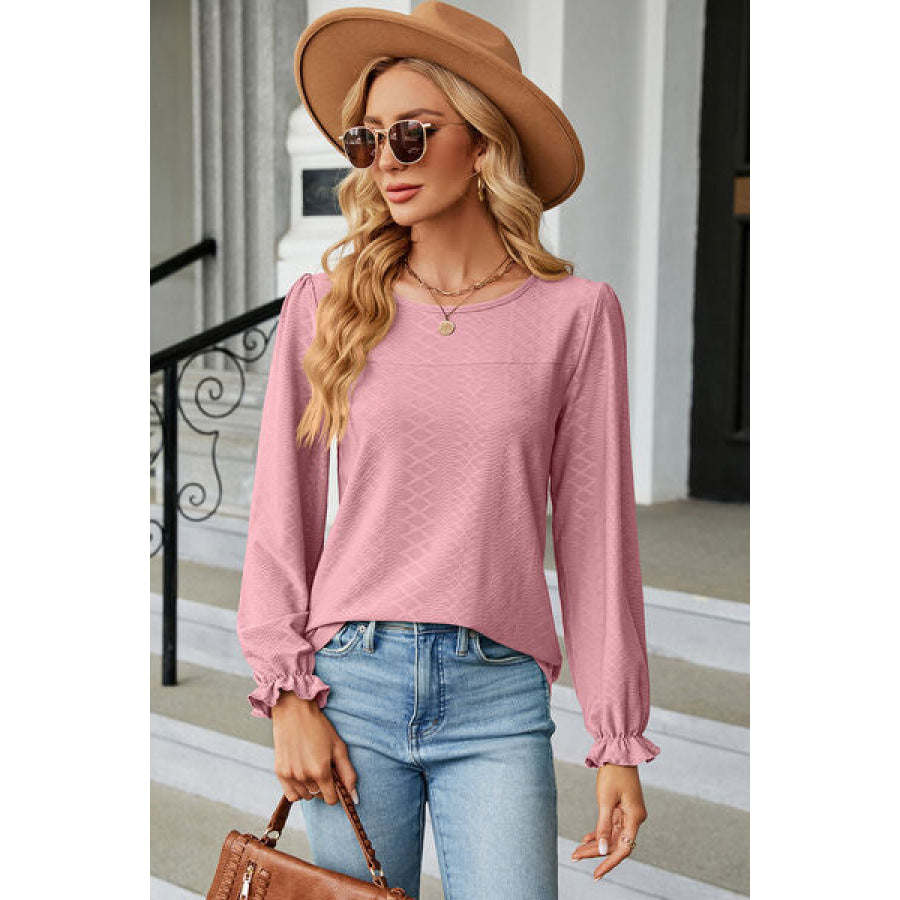 Round Neck Flounce Sleeve T - Shirt Apparel and Accessories