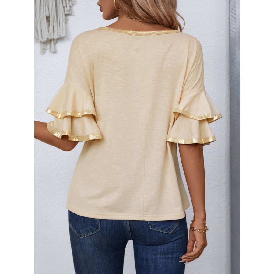 Round Neck Flounce Sleeve T-Shirt Tan / S Apparel and Accessories