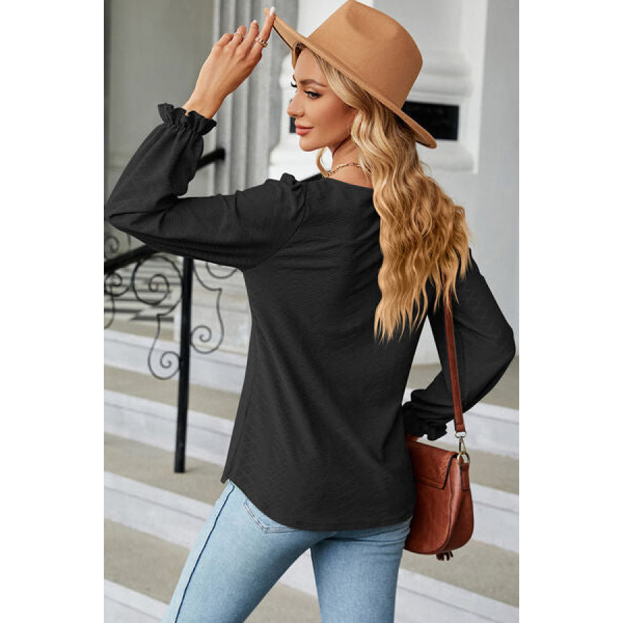 Round Neck Flounce Sleeve T - Shirt Black / S Apparel and Accessories