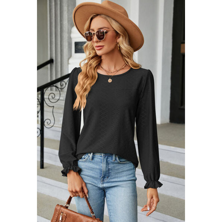 Round Neck Flounce Sleeve T - Shirt Black / S Apparel and Accessories