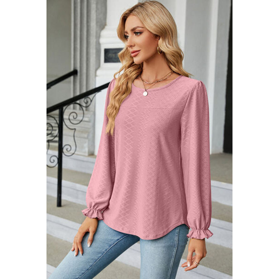 Round Neck Flounce Sleeve T - Shirt Blush Pink / S Apparel and Accessories