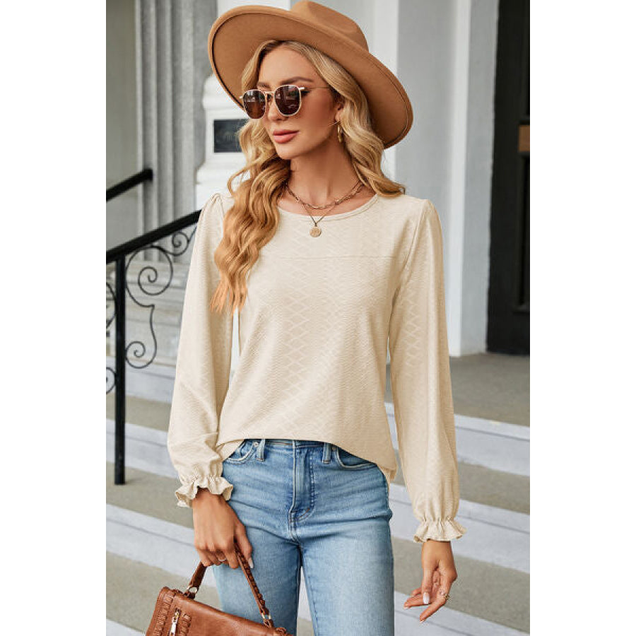 Round Neck Flounce Sleeve T - Shirt Cream / S Apparel and Accessories