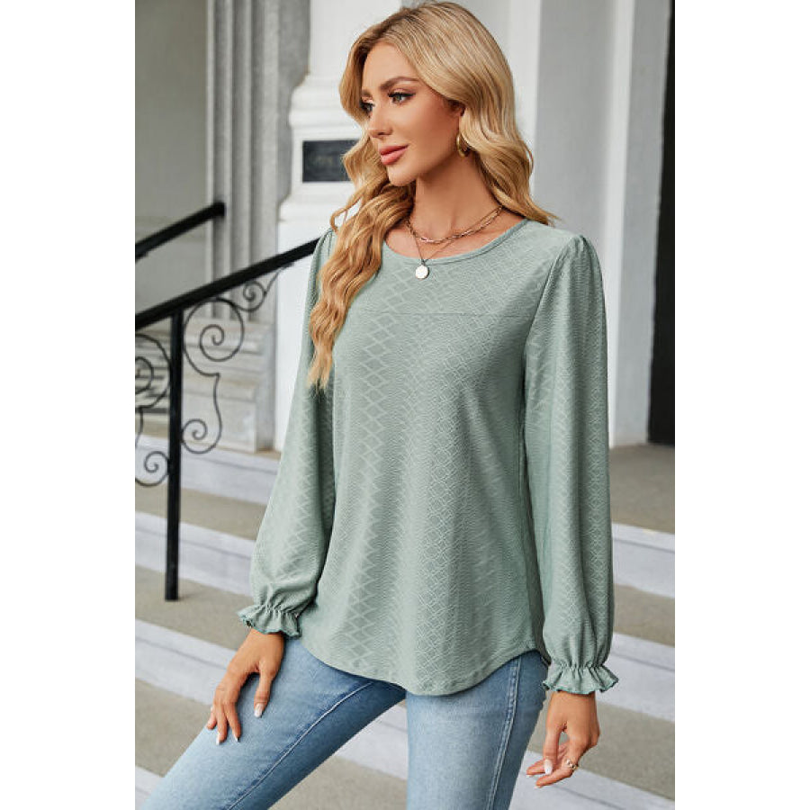 Round Neck Flounce Sleeve T - Shirt Gum Leaf / S Apparel and Accessories