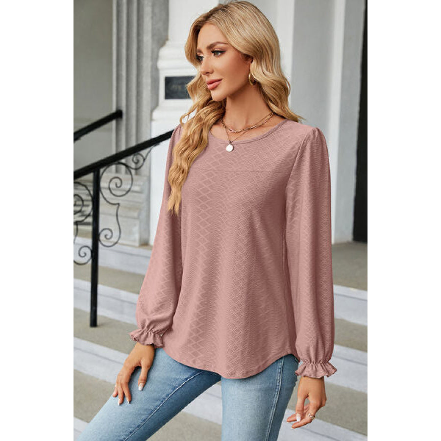 Round Neck Flounce Sleeve T - Shirt Light Mauve / S Apparel and Accessories