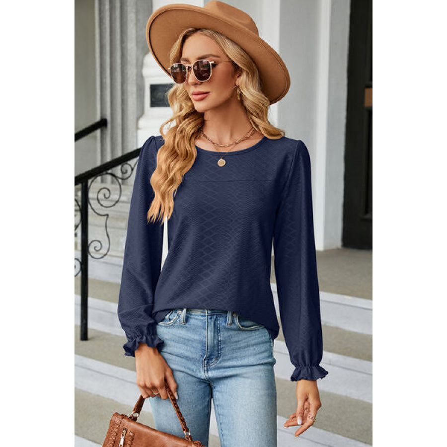 Round Neck Flounce Sleeve T - Shirt Navy / S Apparel and Accessories