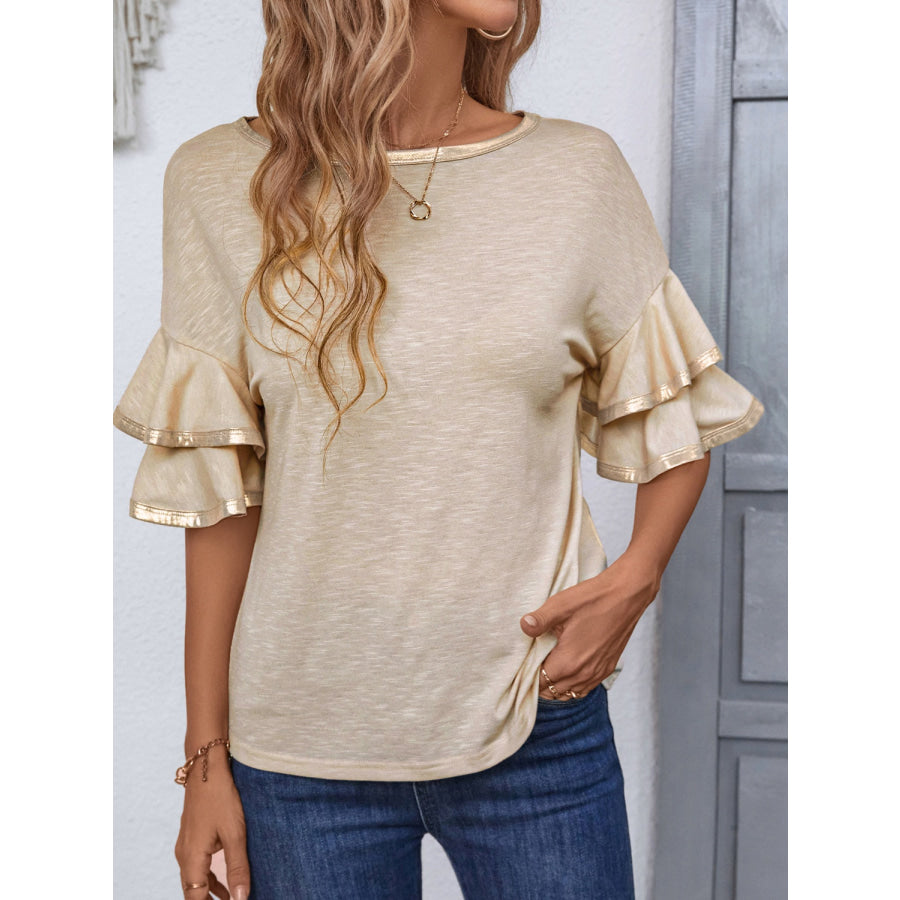 Round Neck Flounce Sleeve T-Shirt Tan / S Apparel and Accessories