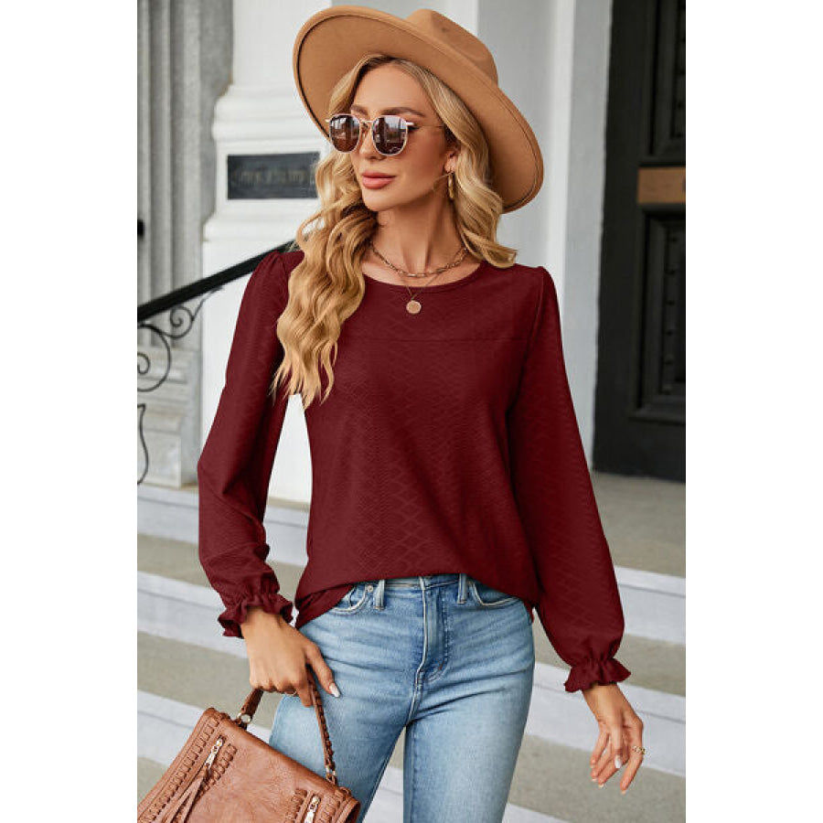 Round Neck Flounce Sleeve T - Shirt Wine / S Apparel and Accessories