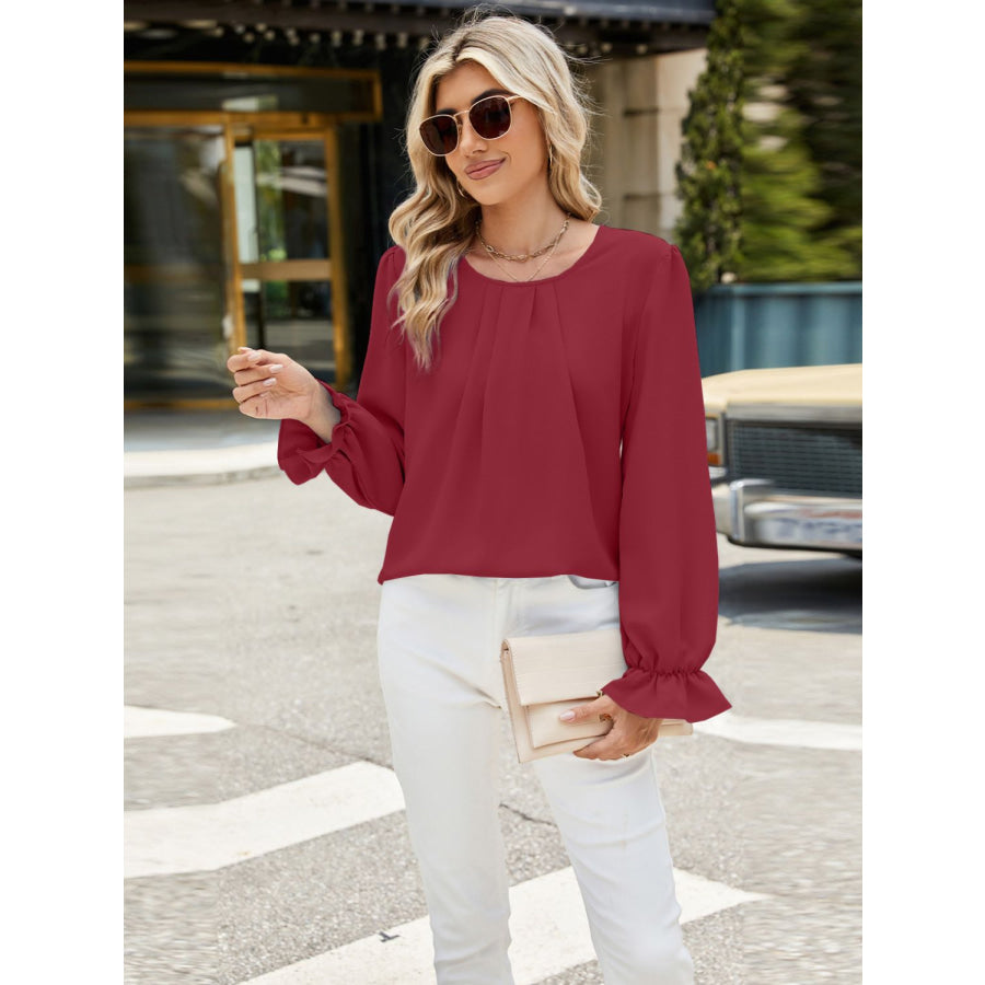 Round Neck Flounce Sleeve Top Apparel and Accessories
