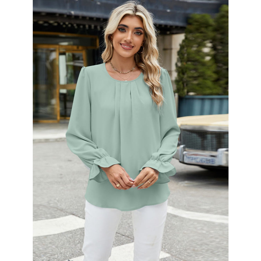 Round Neck Flounce Sleeve Top Apparel and Accessories