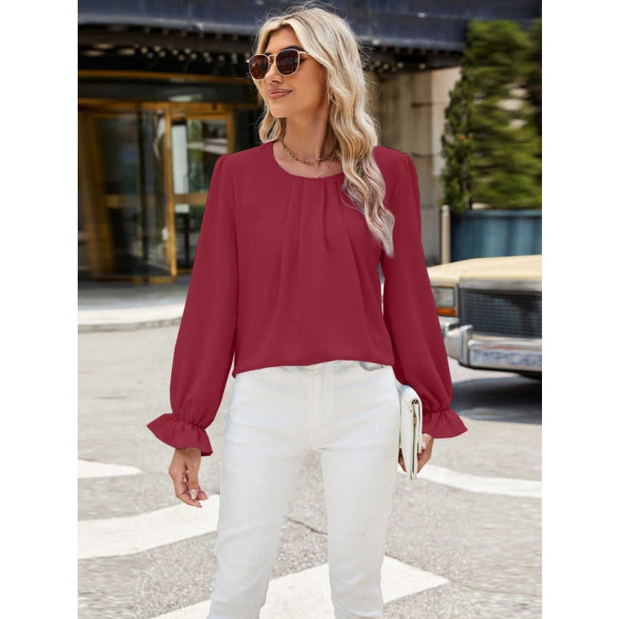 Round Neck Flounce Sleeve Top Apparel and Accessories