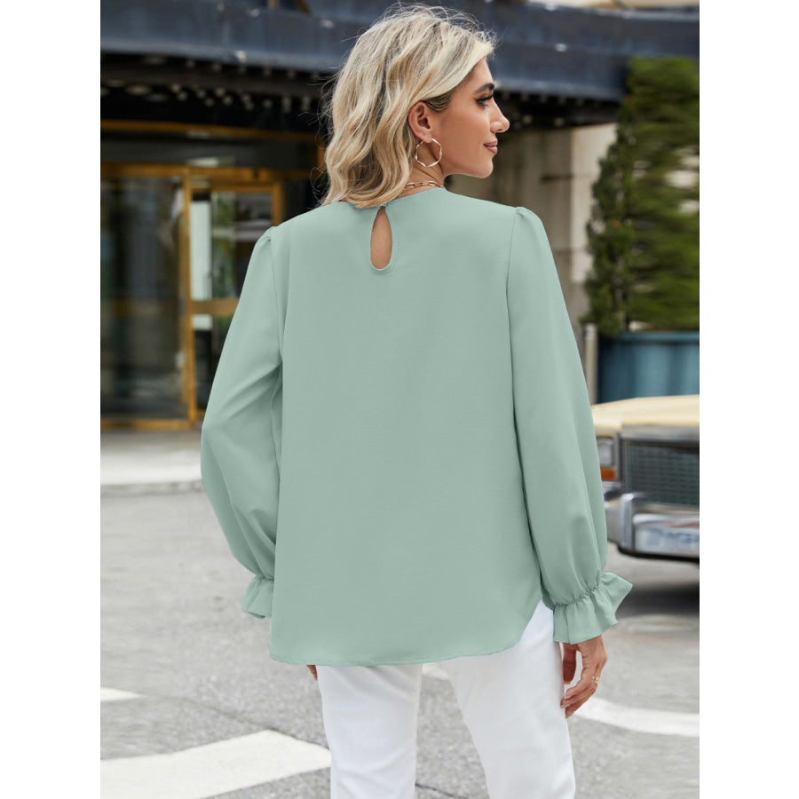 Round Neck Flounce Sleeve Top Apparel and Accessories