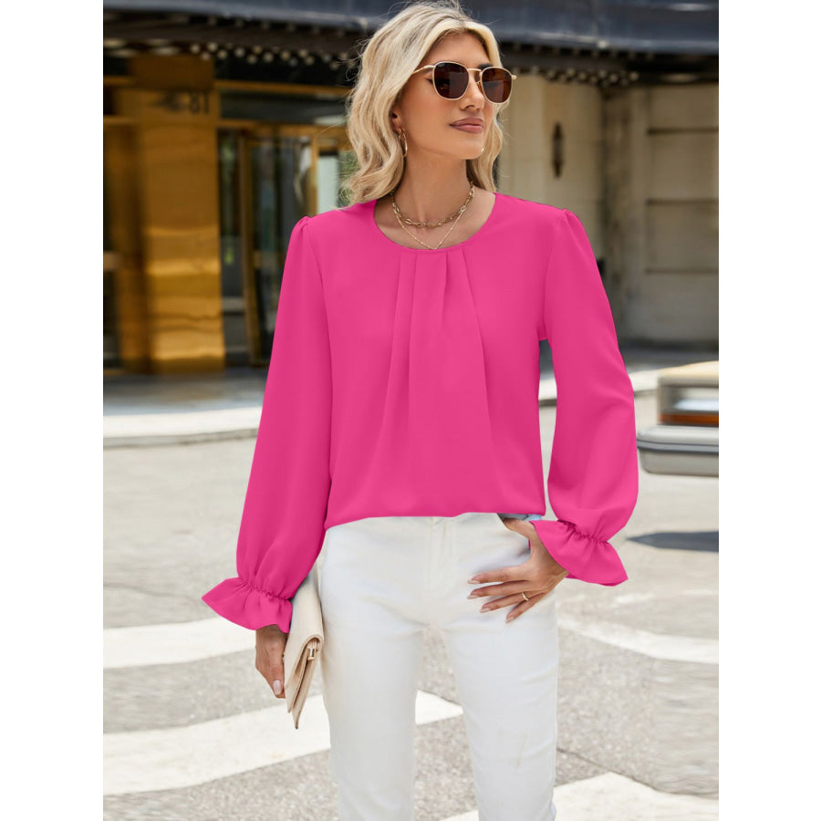 Round Neck Flounce Sleeve Top Apparel and Accessories