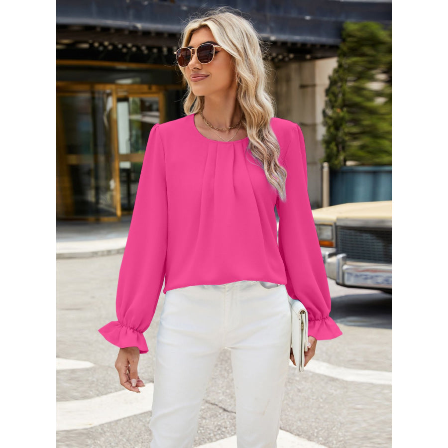 Round Neck Flounce Sleeve Top Apparel and Accessories