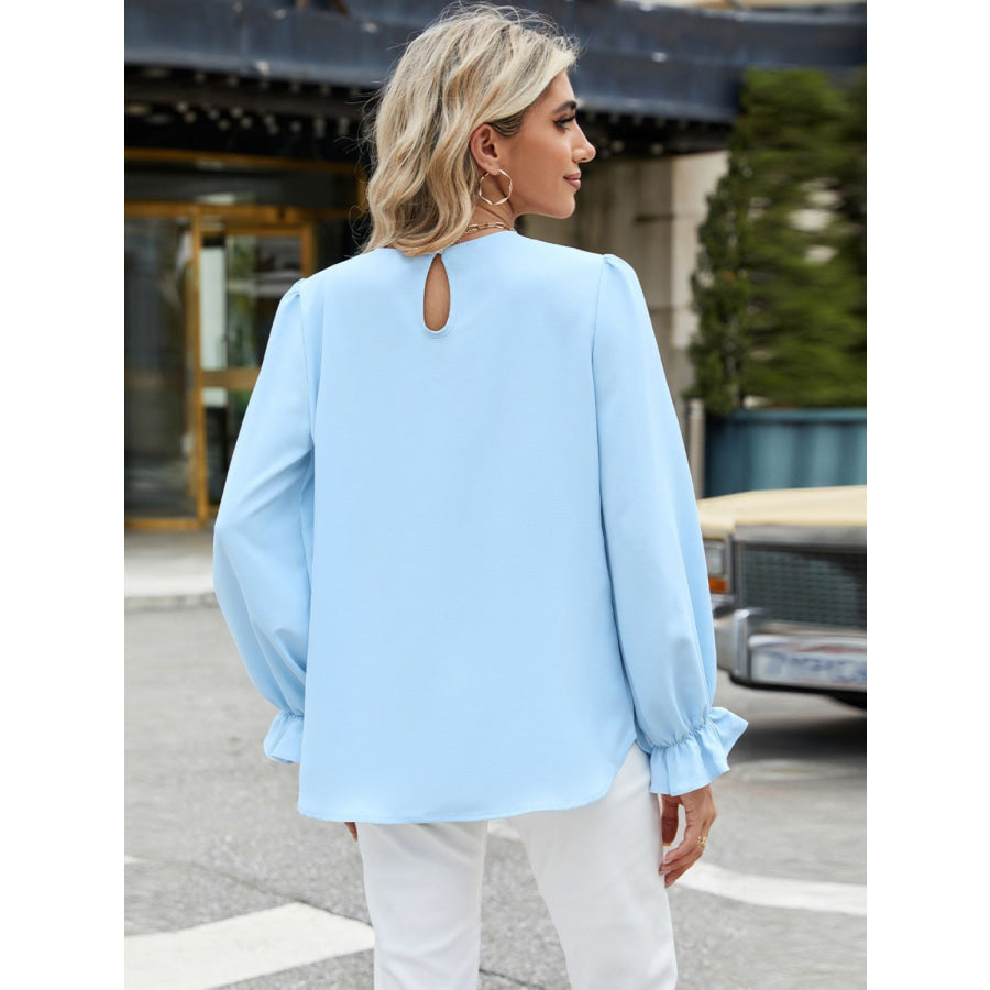Round Neck Flounce Sleeve Top Pastel Blue / S Apparel and Accessories
