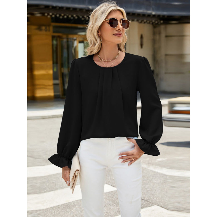 Round Neck Flounce Sleeve Top Apparel and Accessories