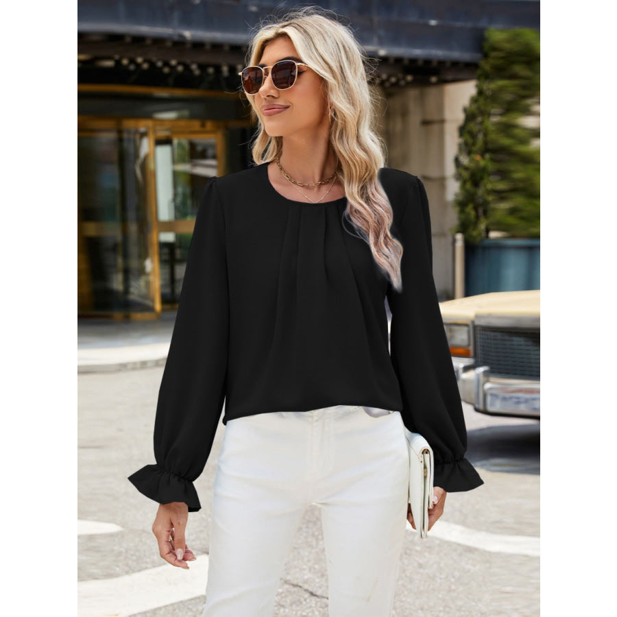 Round Neck Flounce Sleeve Top Black / S Apparel and Accessories