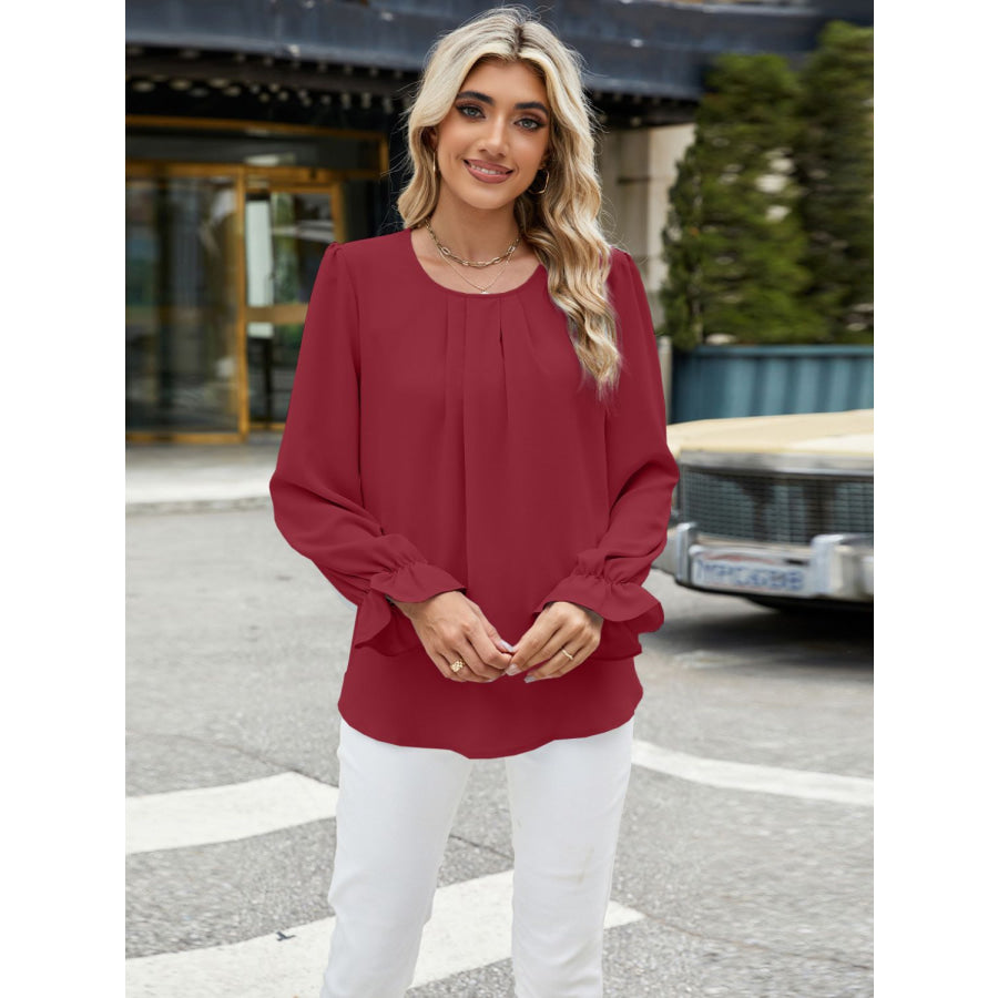 Round Neck Flounce Sleeve Top Burgundy / S Apparel and Accessories