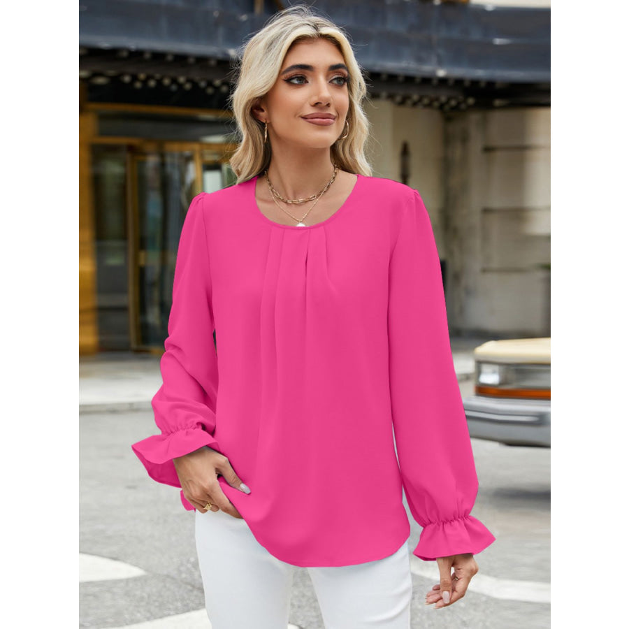 Round Neck Flounce Sleeve Top Hot Pink / S Apparel and Accessories