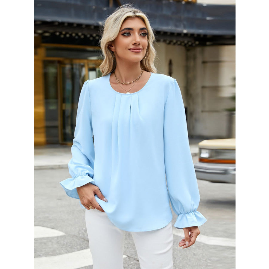 Round Neck Flounce Sleeve Top Pastel Blue / S Apparel and Accessories