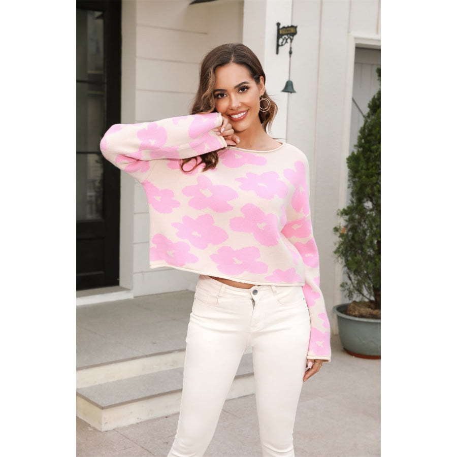 Round Neck Flower Pattern Dropped Shoulder Pullover Sweater