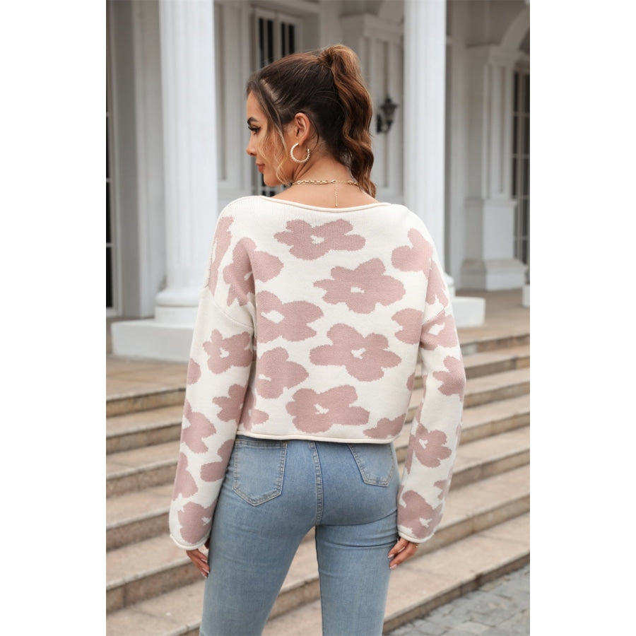 Round Neck Flower Pattern Dropped Shoulder Pullover Sweater