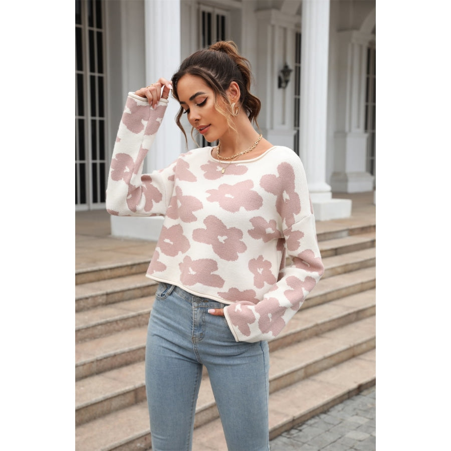 Round Neck Flower Pattern Dropped Shoulder Pullover Sweater