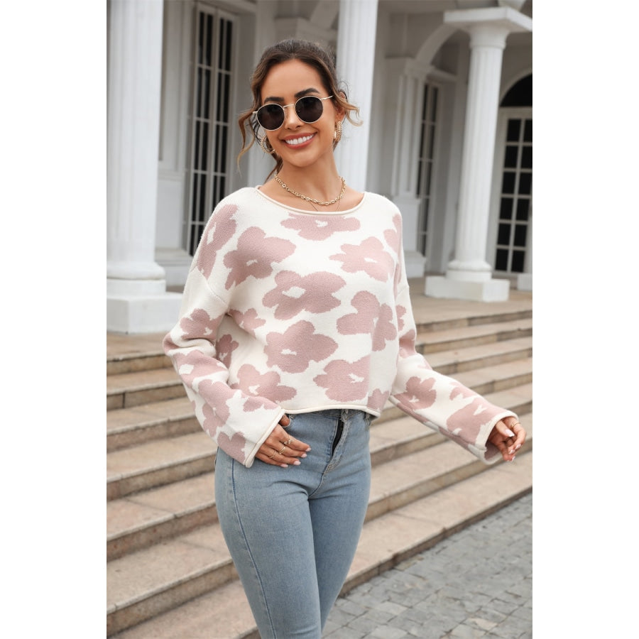 Round Neck Flower Pattern Dropped Shoulder Pullover Sweater