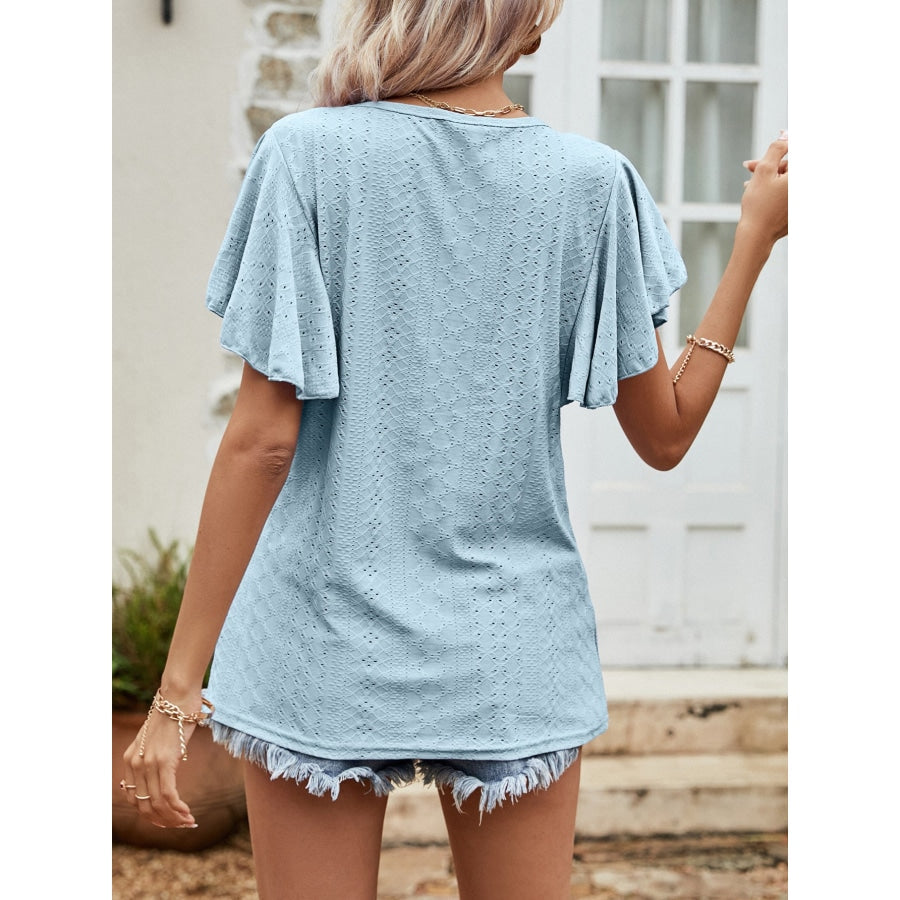 Round Neck Flutter Sleeve Blouse Pastel Blue / S