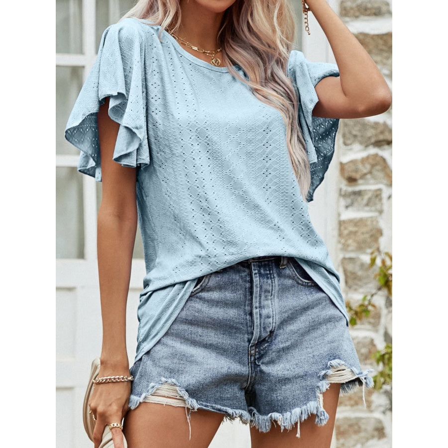 Round Neck Flutter Sleeve Blouse