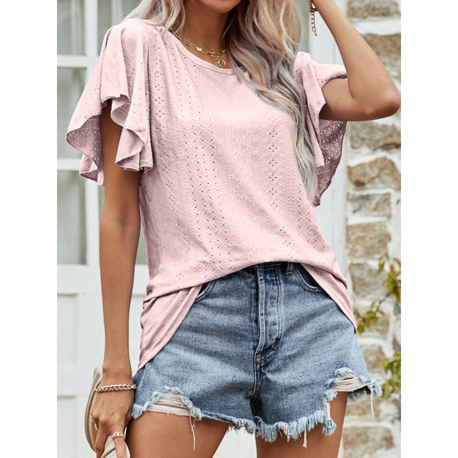 Round Neck Flutter Sleeve Blouse